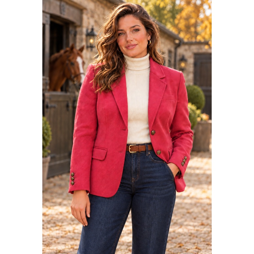 NWT Chic Preppy Old Money Wool Herringbone Blazer Gold Crest Jacket Pink Sz 14